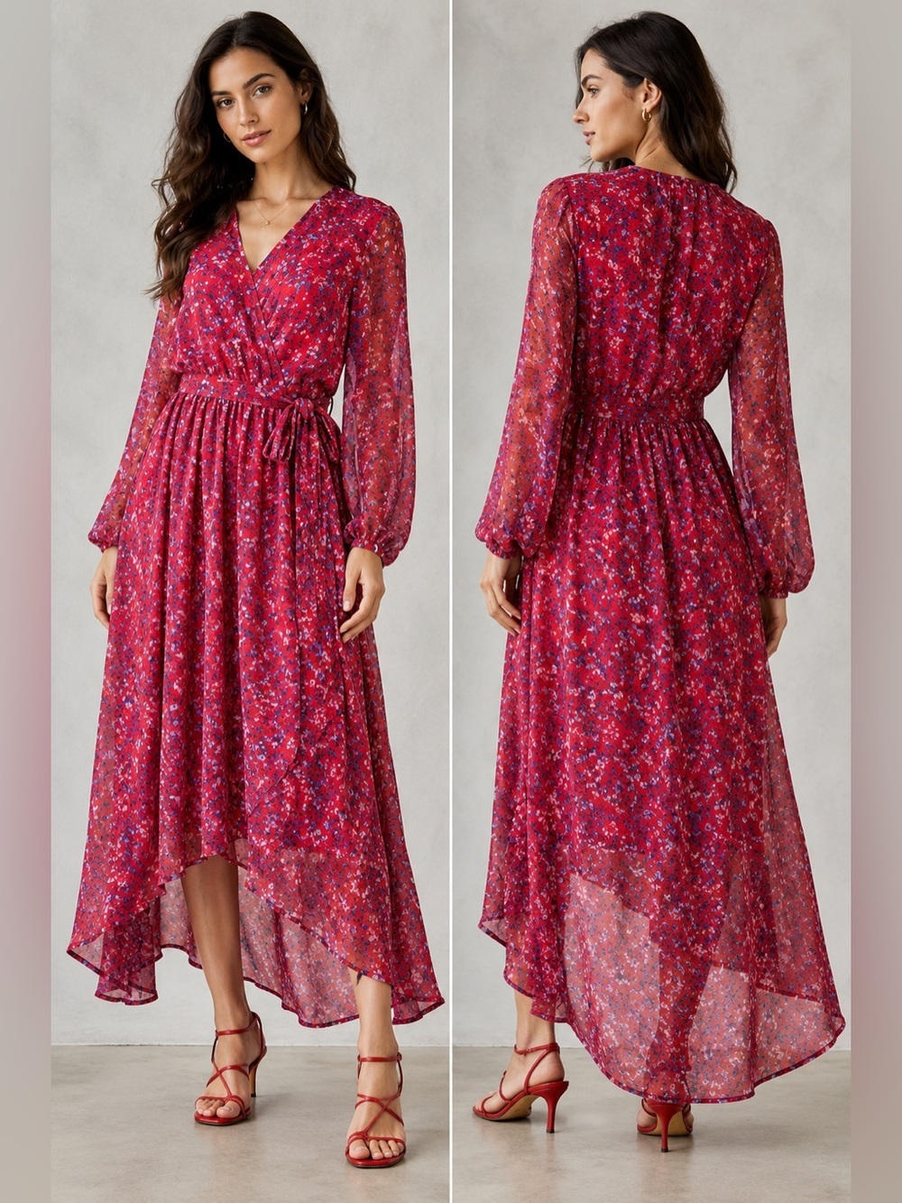 Custommade Leslie Wrap Maxi Dress Red Floral Sheer Viscose Size 36 Small